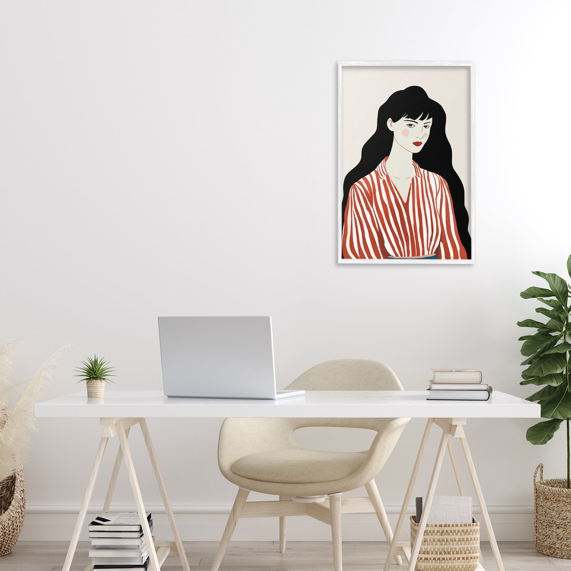 Stupell Industries Woman in Striped Blouse White Framed Giclee Art, design by Omar Escalante