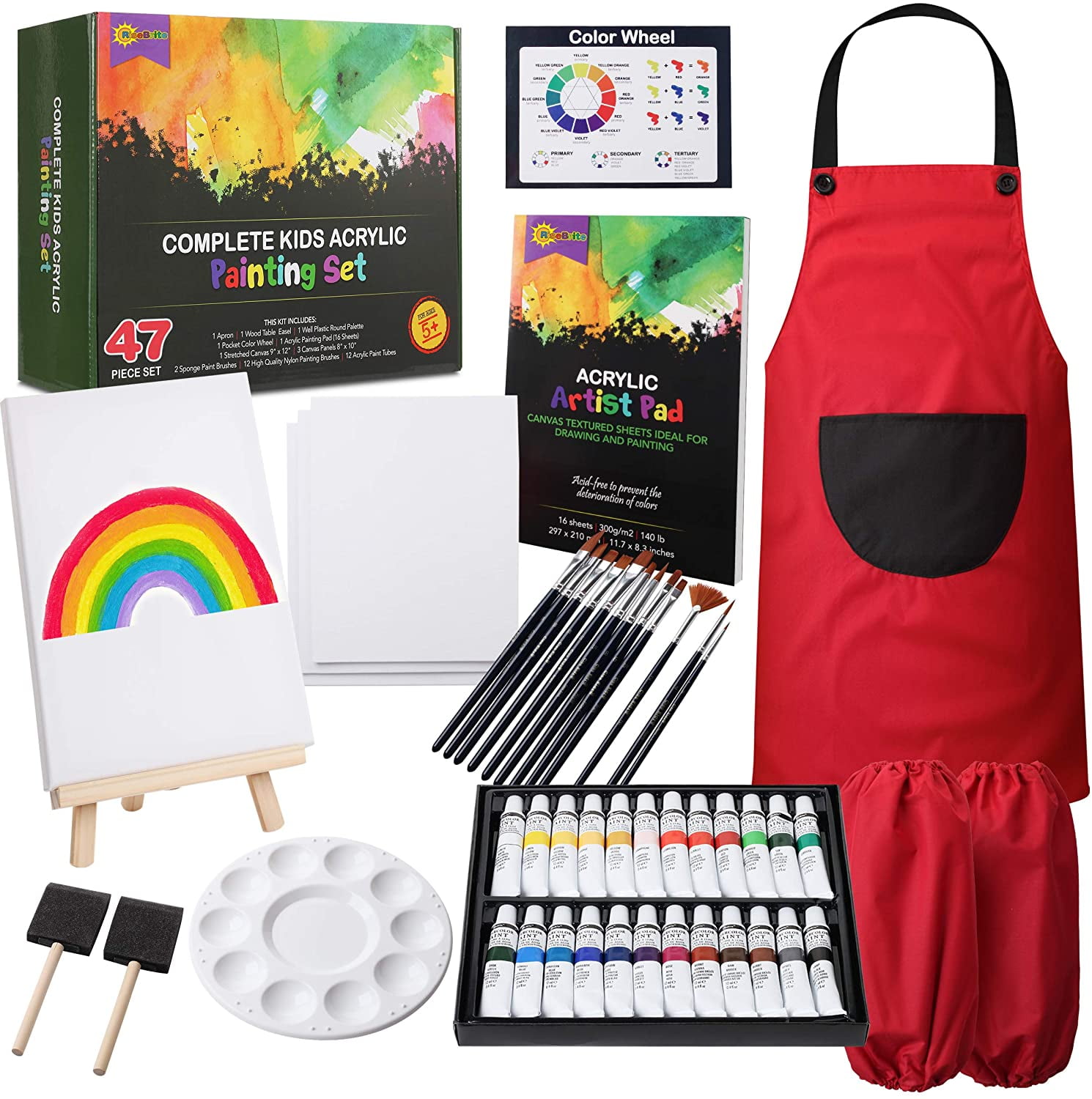 RISEBRITE Kids Art Set 25 Pcs – Deluxe Acrylic Paint Set for Kids Includes  Non Toxic Paint, Tabletop Easel, Paint Brushes, Canvas, Painting Pad