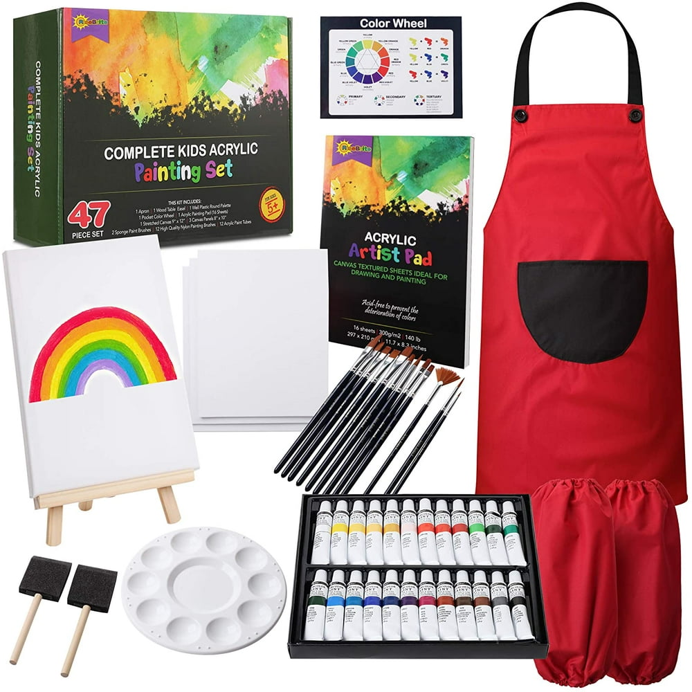 RiseBrite Kids Art Set 47 Pcs Acrylic Paint Set for Kids Includes Non