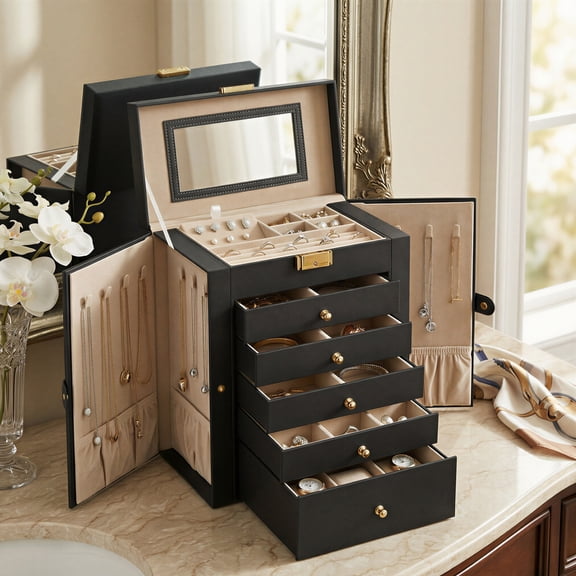 Ledrem Jewelry Box, 6-Layer Trinket Receptacle, Lockable With A Mirror, Big Depository Space, For Rings, Necklaces