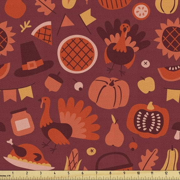 Ambesonne Thanksgiving Fabric by the Yard Upholstery, Celebration Pumpkin, 1 Yard, Pale Maroon Vermilion