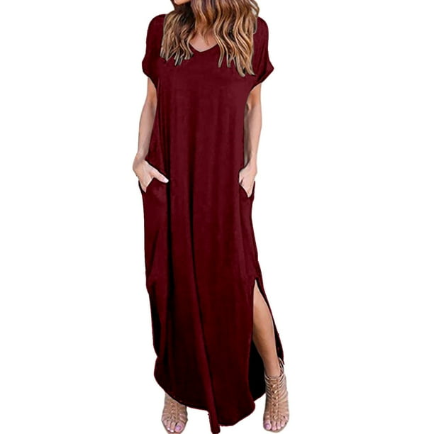 Gibobby Vestido Causal para Mujer de Verano Vestido largo dividido con bolsillo informal a la moda de color sólido con cuello en V para mujer(Rojo,XL)