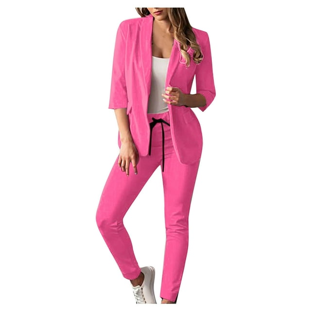 UPPADA 2 Piece Blazer Outfits for Women Work 2 Piece Solid Ruched Sleeve Blazer and Pants Business Office Suit Set Pink,S
