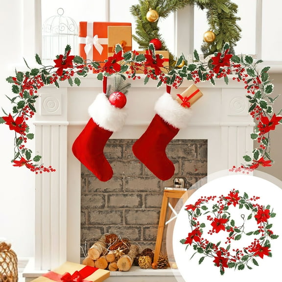 Christmas Garland 5.74ft Artificial Poinsettia Garland with Red Berry Christmas Rattan Artificial Fake Green Holly Leaves Artificial Xmas Flower for Indoor Outdoor Christmas Decortions
