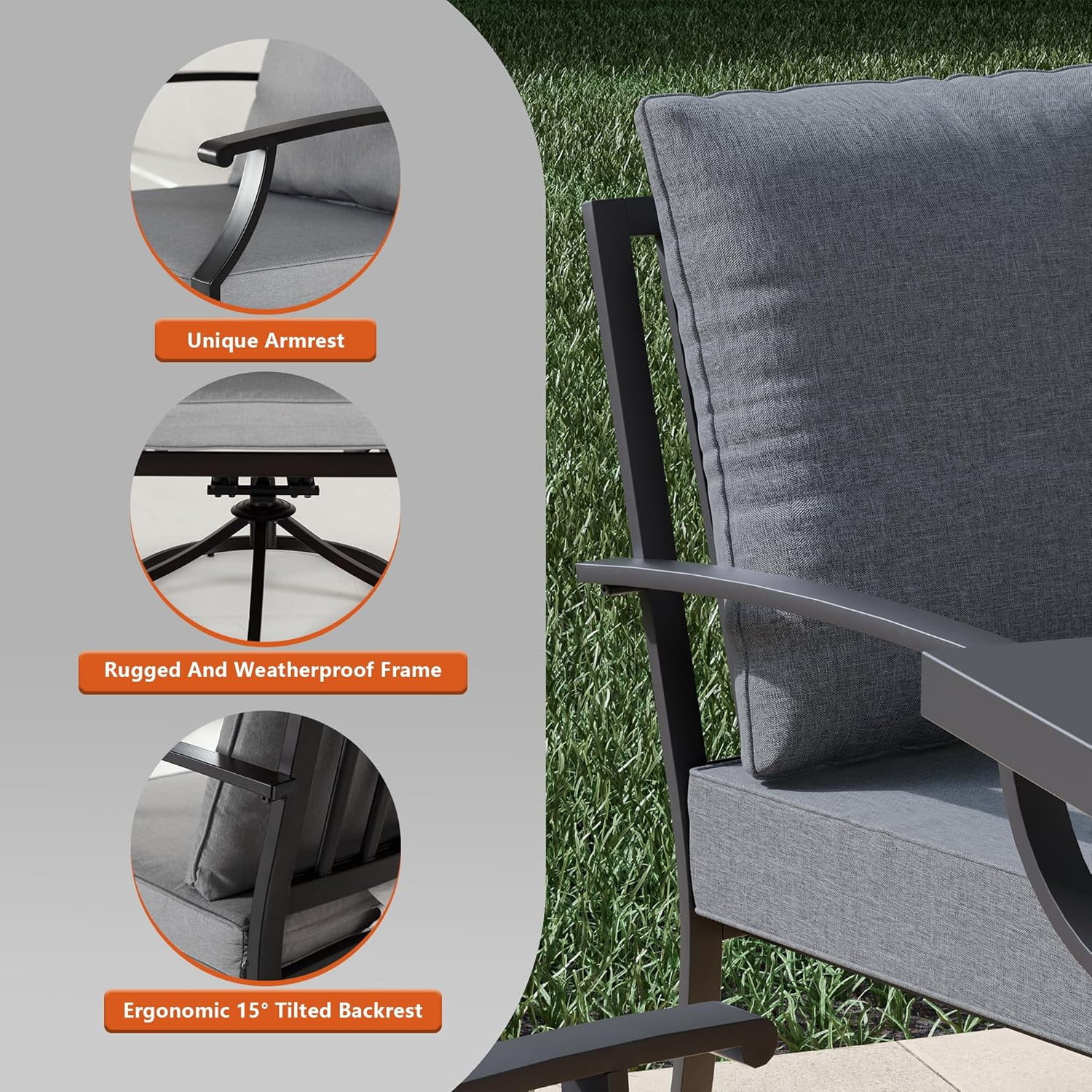 Kullavik 5 Pieces Dining Sets For 4,2 Fence Pattern Back Chairs & 2 Swivel Chairs,45,000BTU Outdoor Heater w/Square Table,Outdoor Patio Dinging Set For Patio,Backyard,Garden,Poolside-Grey
