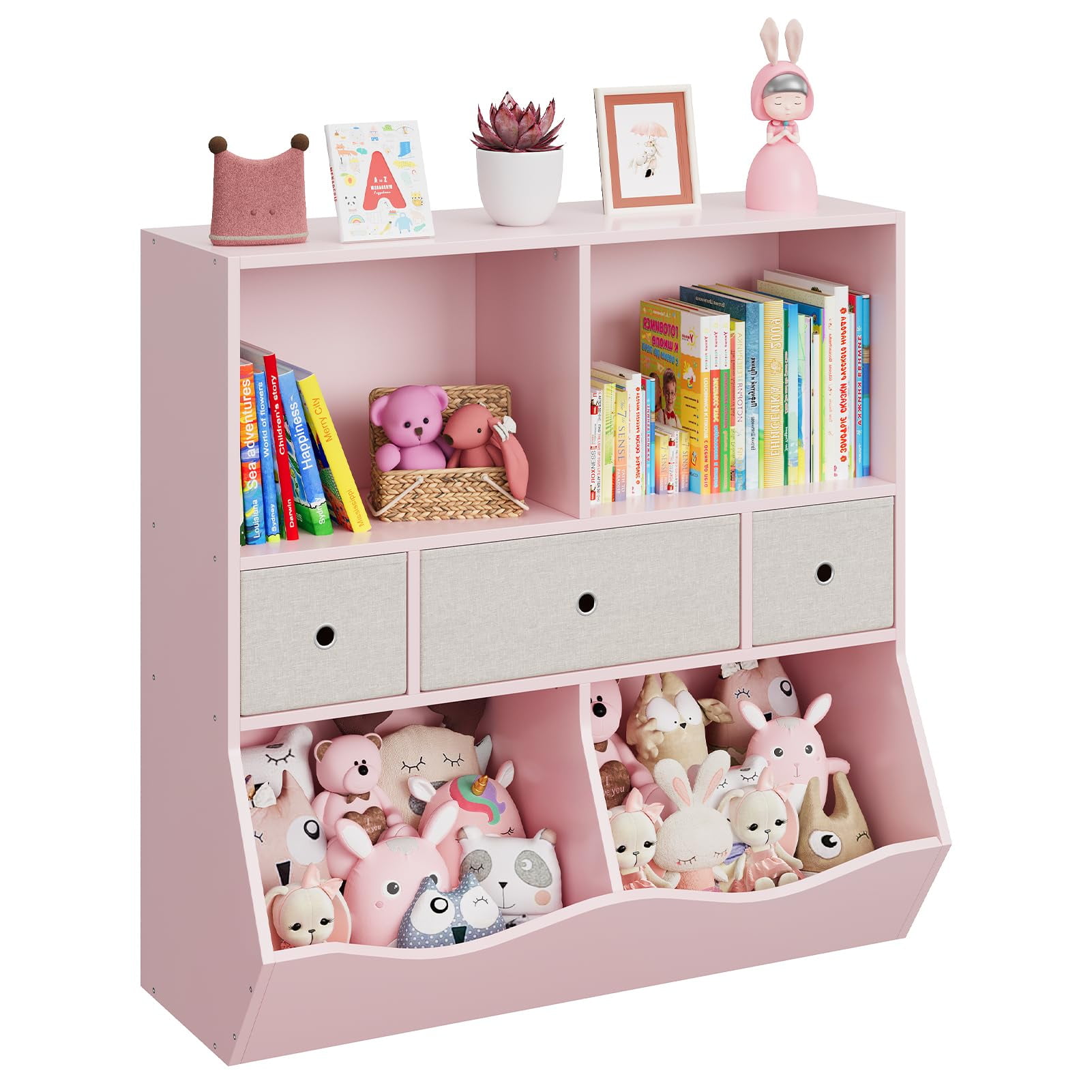 TROPOW Toy Storage Organizer,Kids Bookshelf and Toy Storage Organizer with 3 Movable Drawers, Floor Storage Cabinet Toy Chest with 4 Cubbies, Multifunctional Storage Chest for Nursery,Pink