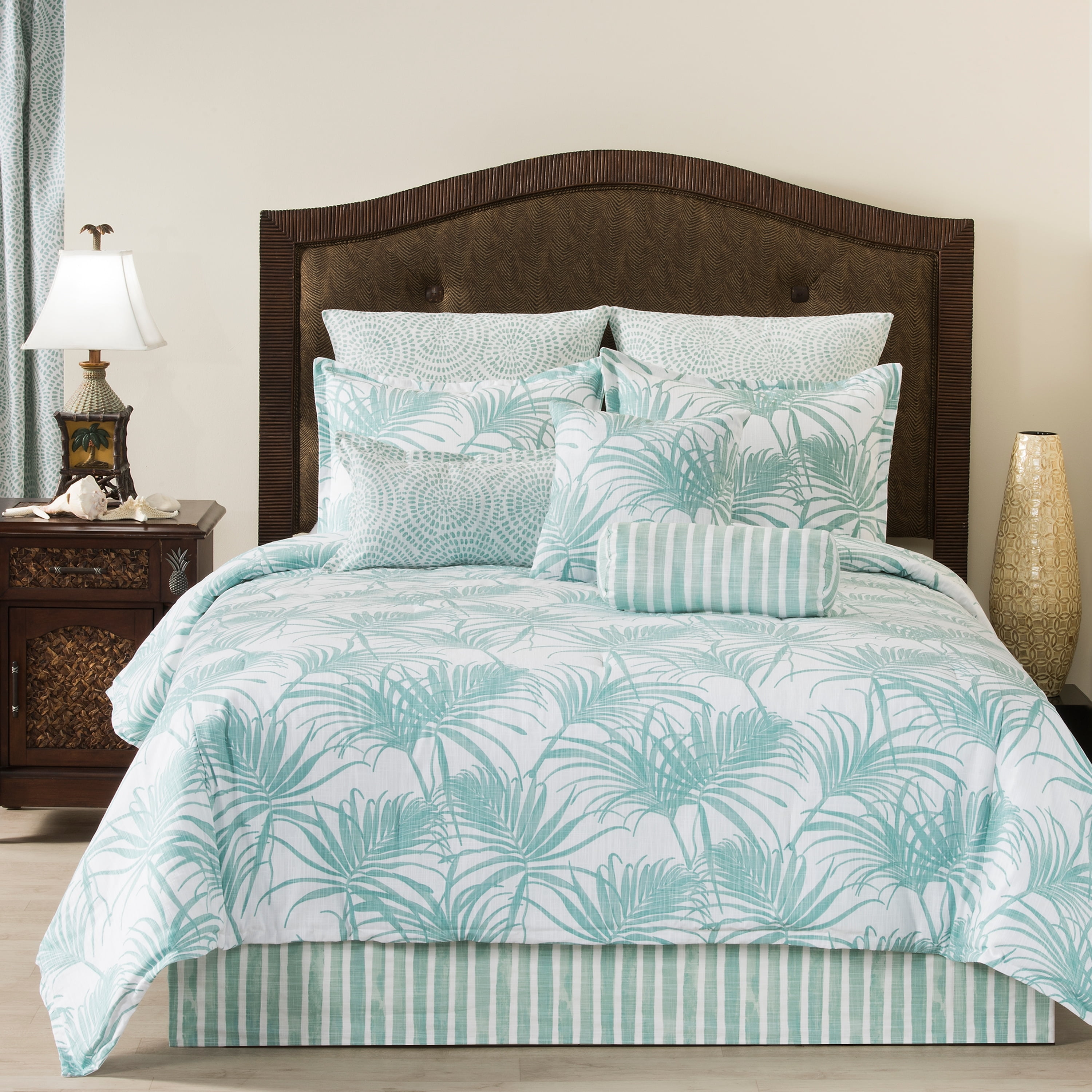 Trinidad seafoam color tropical leaves comforter mini set King