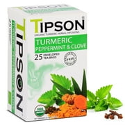 Tipson Organic Turmeric Caffeine Free Herbal Tea - Organic Peppermint and Cloves - 25 Foil Enveloped Double Chambered Bags - Keto/Paleo