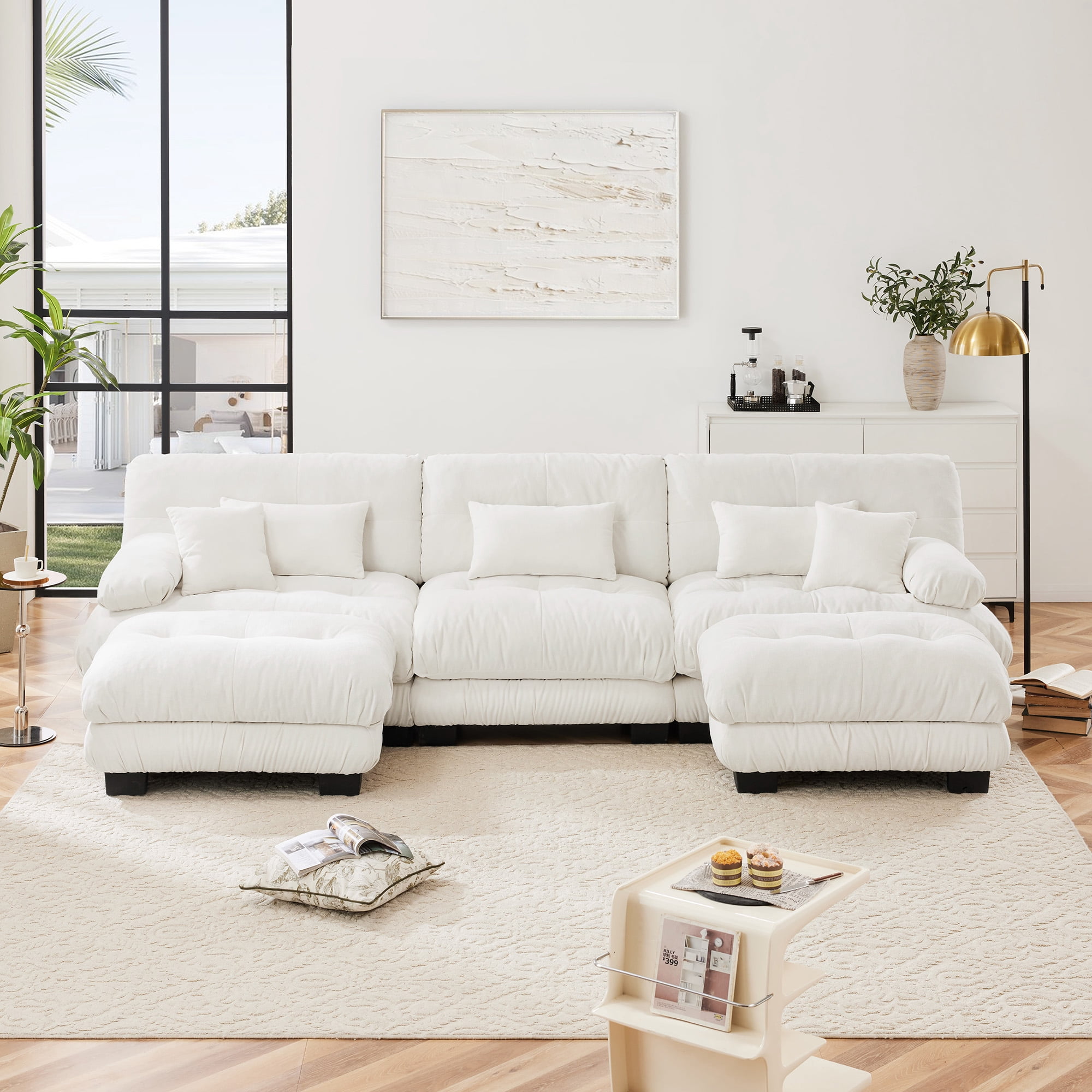 MAYEERTY 133.8in Chenille Sectional Sofa Couch, Oversized Modular U Shaped Cloud Couch with 2 Ottomans for Living Room, White