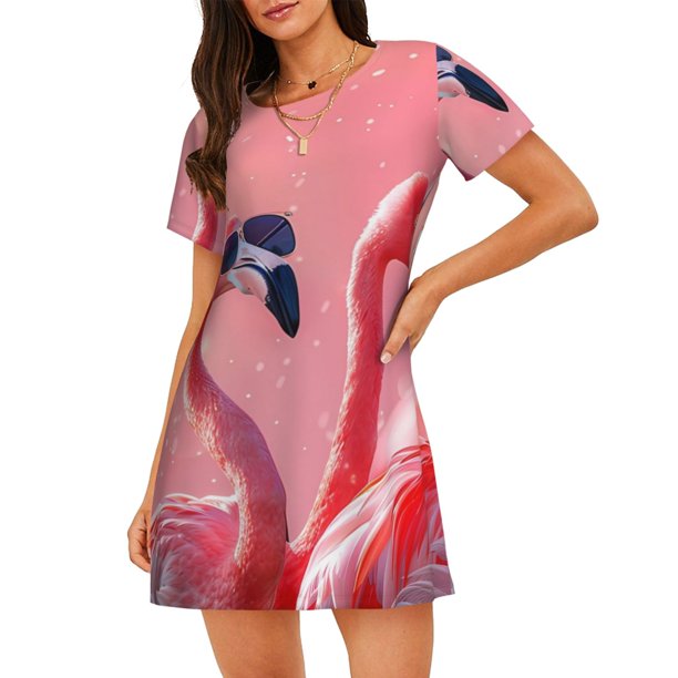Balery Cool Flamingos Sunglasses Scene Camisón de manga corta con cuello redondo para mujer, cómodo y elegante.