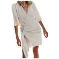 thumbnail image 1 of Vestido mediano de manga corta con cuello en V de lino para mujer: color liso, cómodo, se ajusta a la talla, para la playa o para llevar por la calle; tallas S-XXXL, 1 of 5
