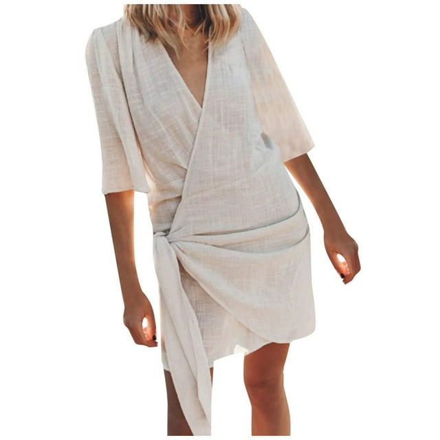 Vestido mediano de manga corta con cuello en V de lino para mujer: color liso, cómodo, se ajusta a la talla, para la playa o para llevar por la calle; tallas S-XXXL