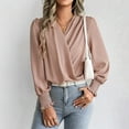 thumbnail image 2 of Fashion Olyvenn Women's Chiffon Draped Wrap V Neck Ruched Blouse Dressy Summer Casual Loose Elegant Shirred Cuff Long Sleeve Shirts Top Pink M, 2 of 8