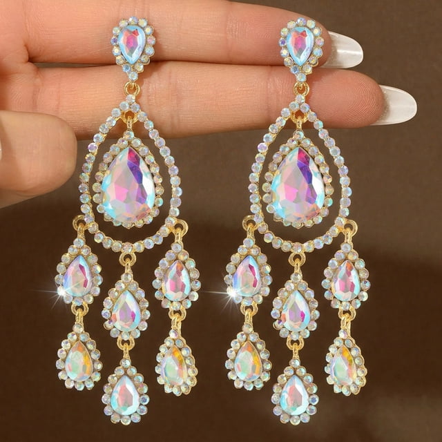 AEXTO Long Full Rhinestone Teardrop Crystal Dangle Chandelier Drop Earrings Fashion Jewelry