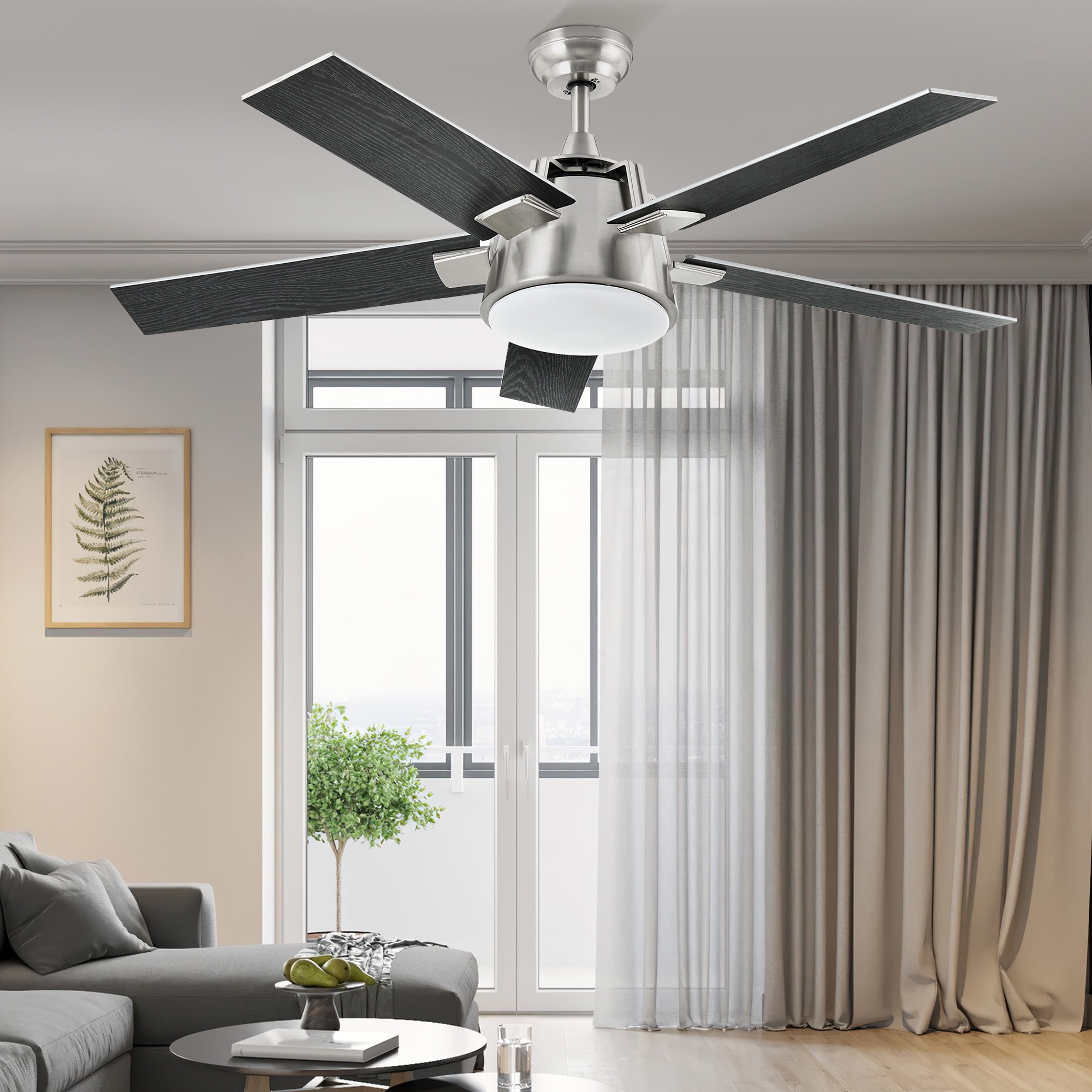 DWVO 52in Modern Ceiling Fan with Light, Quiet Reversible Motor, Dimmable LED 3-Color, 6-Speed 5 Blades Memory Function for Bedroom Living Room Patio Indoor Outdoor,black