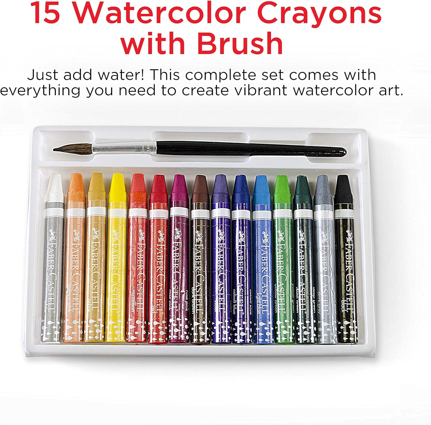 Faber-Castell Watercolor Crayons with Brush, 15 Colors - Art Supplies for Kids