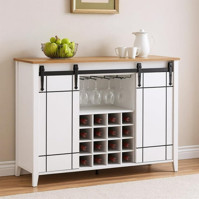 47" Farmhouse Coffee Bar and Wine Cabinet with Sliding Barn Door, 16-Glass Rack & Ample Storage