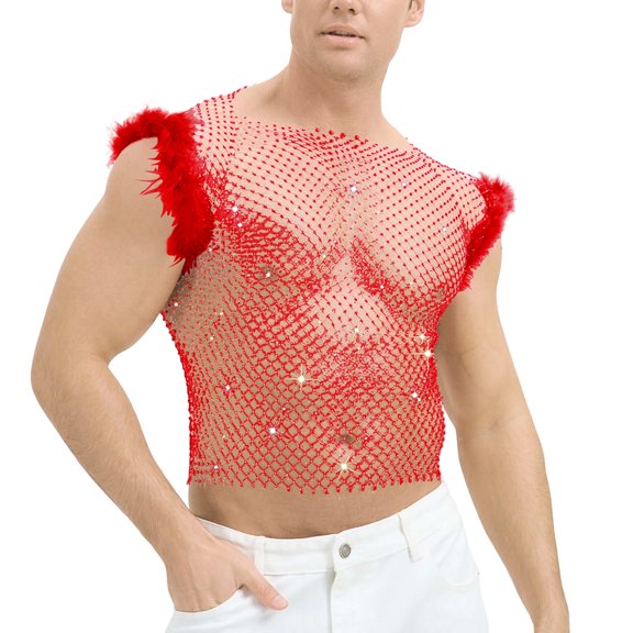Alkepwun Mens Tank Tops Openwork Mesh Rhinestone Muscle Shirts with Feather Accents Summer Solid-Color Sexy Breathable Round-Neck Top
