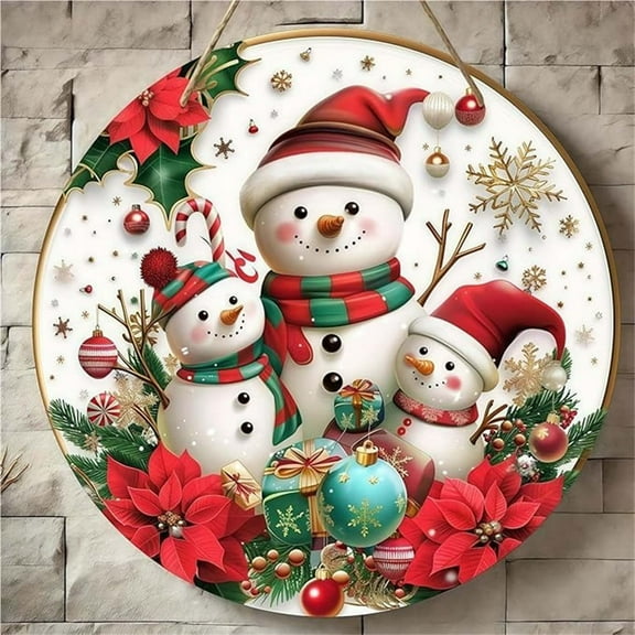 Christmas Diamond Art Hanging Ornament, Snowman Family Wooden Sign, Winter Rustic Surprise Wall Sign with Poinsettia Christmas Gift Ball, Village Round Double-Sided Ornament for Xmas Home Decor