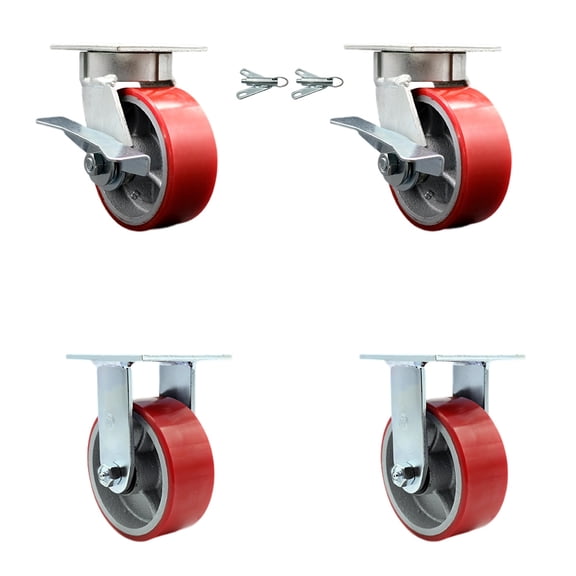 5 Inch KP Red Poly on Cast Iron Caster Set w/Ball Bearings 2 Swivel Lock 2 Rigid