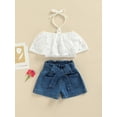 thumbnail image 2 of Caoirhny Toddlers Girls Two-Piece Outfits, Solid Color Lace Crochet Halter Neck T-Shirt + Waist Belt Decoration Denim Shorts, 2 of 9