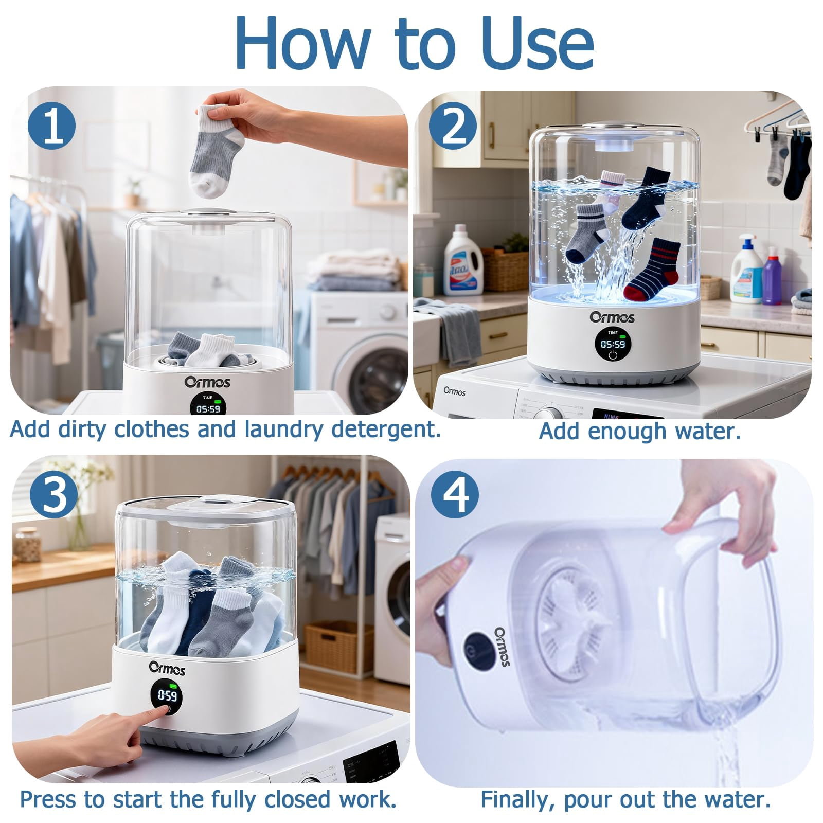 ORMOS Portable Mini Washing Machine, White, Rechargeable Cordless Washer, 4L Capacity, Quiet Efficient, LED Touch Screen, 5000mAh Battery