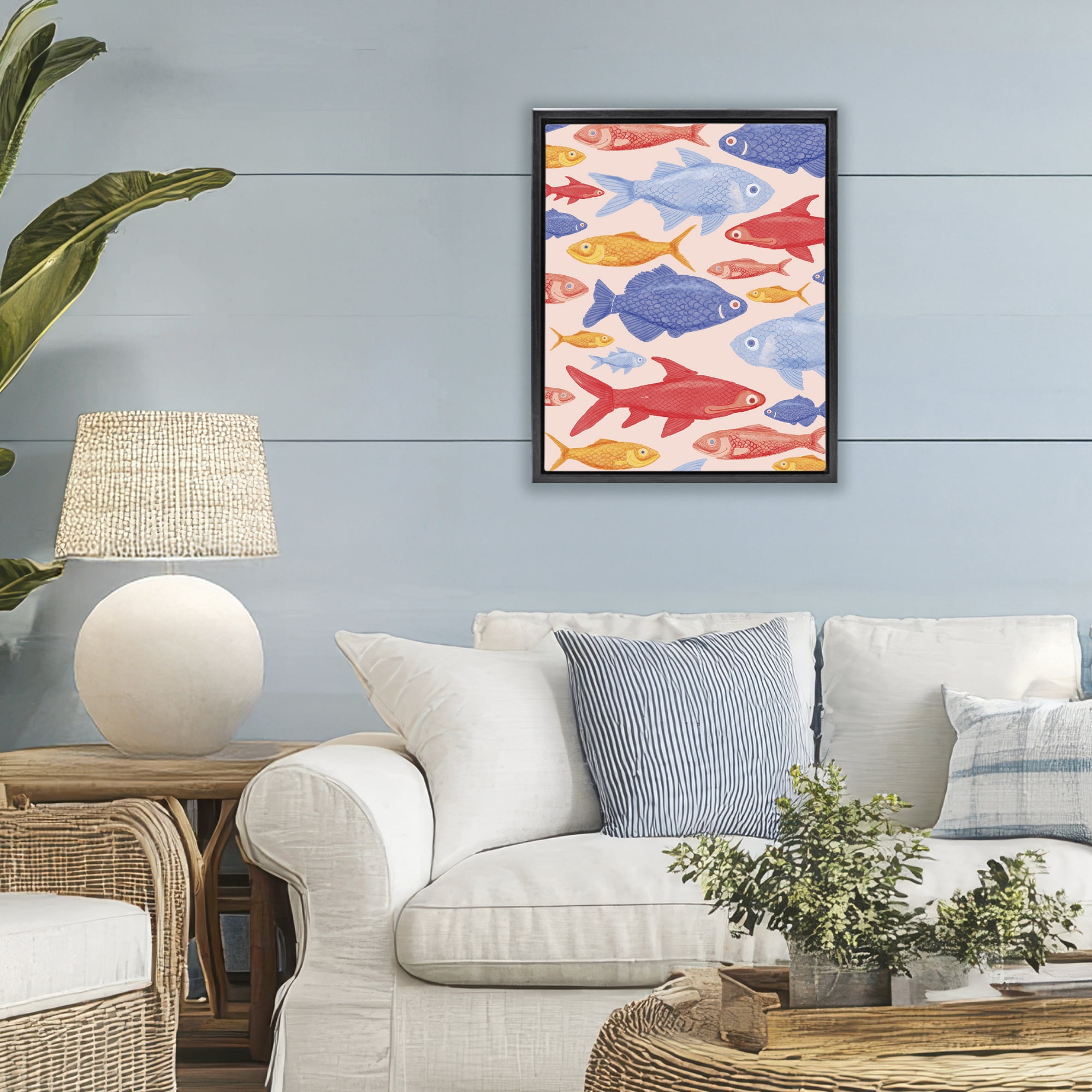 Stupell Industries Red Yellow and Blue Fish Black Framed Floater Canvas Wall Art, design by The Paper Curator