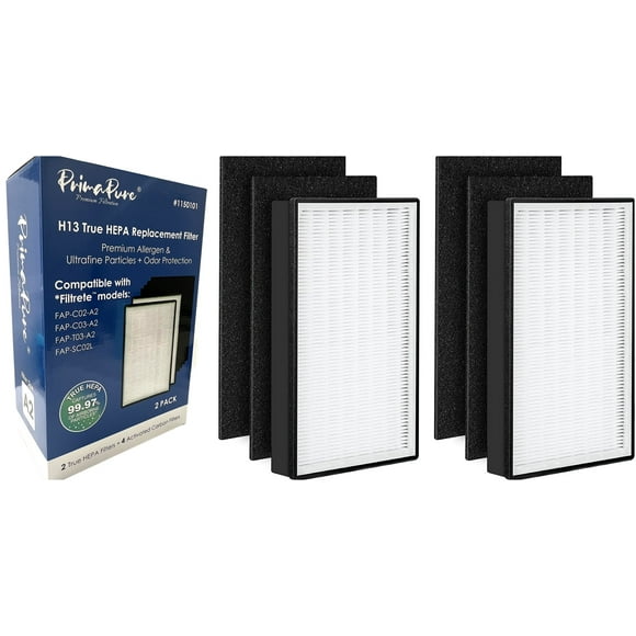 PrimaPure Paquete de 2 Filtros HEPA de Repuesto H13 para Purificadores de Aire Filtrete 1150101, FAP-C02-A2, FAP-C03-A2, FAP-T03-A2, FAP-SC02L (2 Filtros HEPA + 4 Filtros de Carbón).