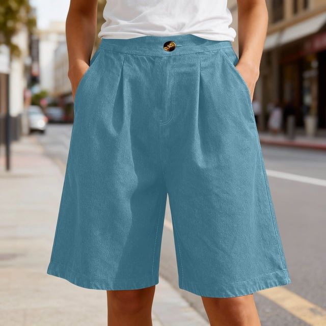 TaTaai Women's All Season Solid Casual Denim Knee Length Shorts Elastic Waist Loose Straight Wide Leg Shorts with Pockets Soft Breathable Daily Commute Wear Gift