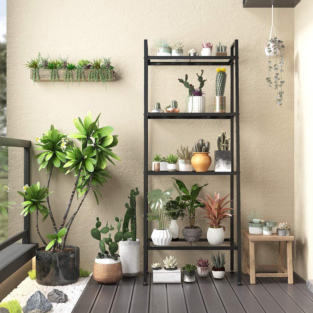 Ktaxon 4 Tier Metal Leaning Ladder Shelf Bookcase Bookshelf Storage Shelves Unit Black