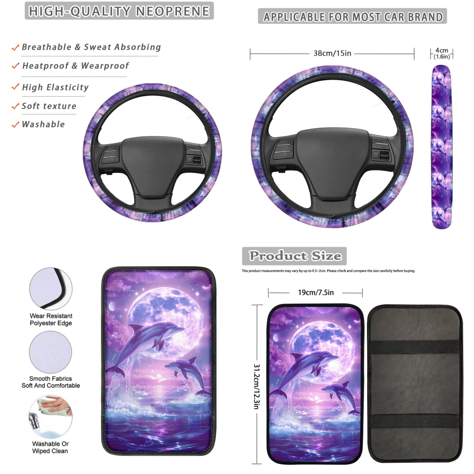 Yuyamidu Cute Dolphin Car Seat Cover Set with Steering Wheel Cover Purple Moon Seat Belt Pad Cup Holder Auto Armrest Cover Keychain Fit for Most Cars SUVs