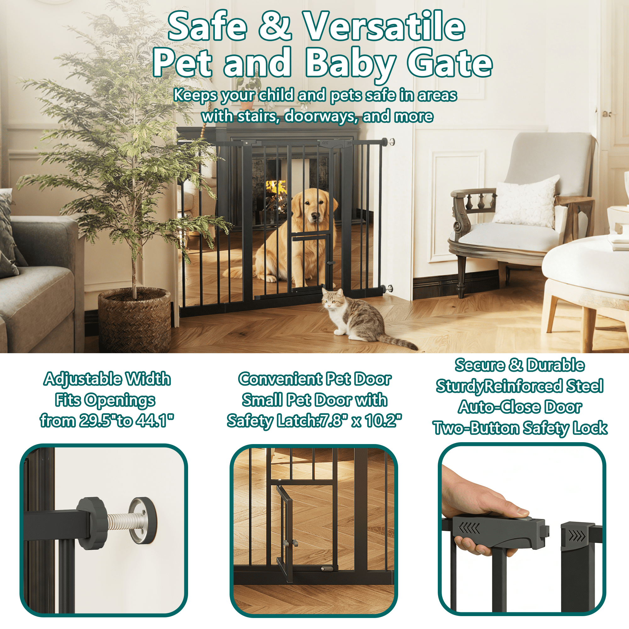 Metal Baby Gate with Cat Door for Stairs and Doorways, Pressure Mounted Safety Gate with Double Lock, No Tools Needed for Kids and Pets, Black