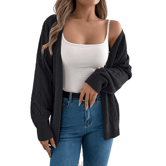Lixiuxyad Womens Cardigans Women's Lightweight Long Sleeve Open Front Cardigan Solid Color Lace Knit Sweater Casual Oversized Coat For Spring Fall Winter,Black