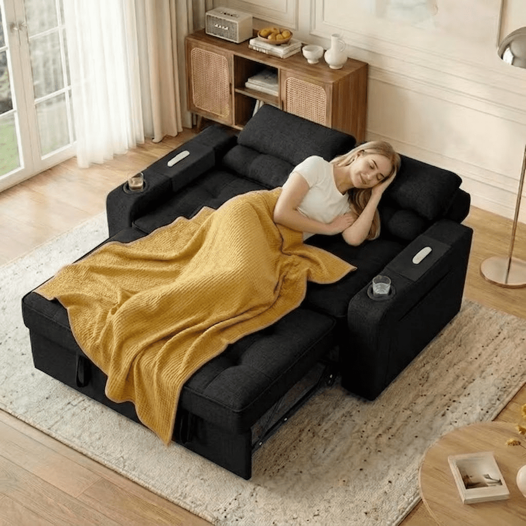 58" Convertible Sofa Bed Pull Out Couch Sleeper Loveseat with Teddy Fabric USB Charging Ports Adjustable Backrest Cup Holders and Side Pocket for Living Room Apartment Small Spaces,Black