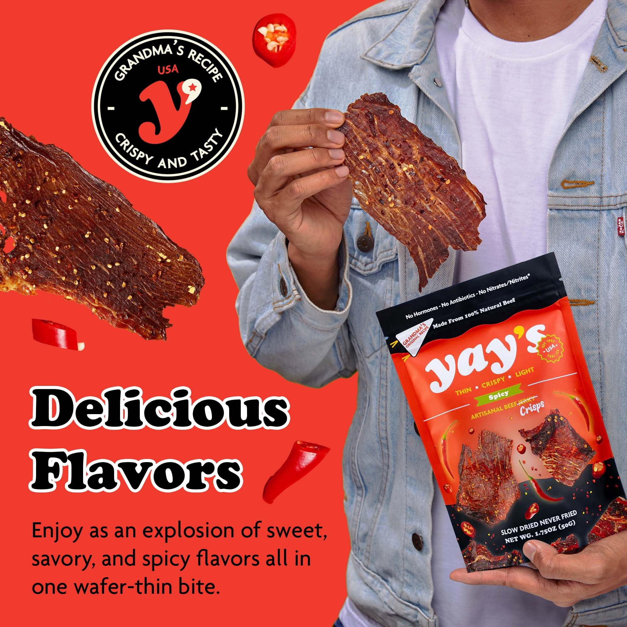 Yay's Snacks Sweet and Spicy Beef Crisps | High-Protein Ready-to-Eat Crispy Crunchy Chipped beef | Spicy Beef Jerky with 24g Protein per Bag, Non-GMO Healthy Meat Snack, Made in USA pack of 6(1.75 oz
