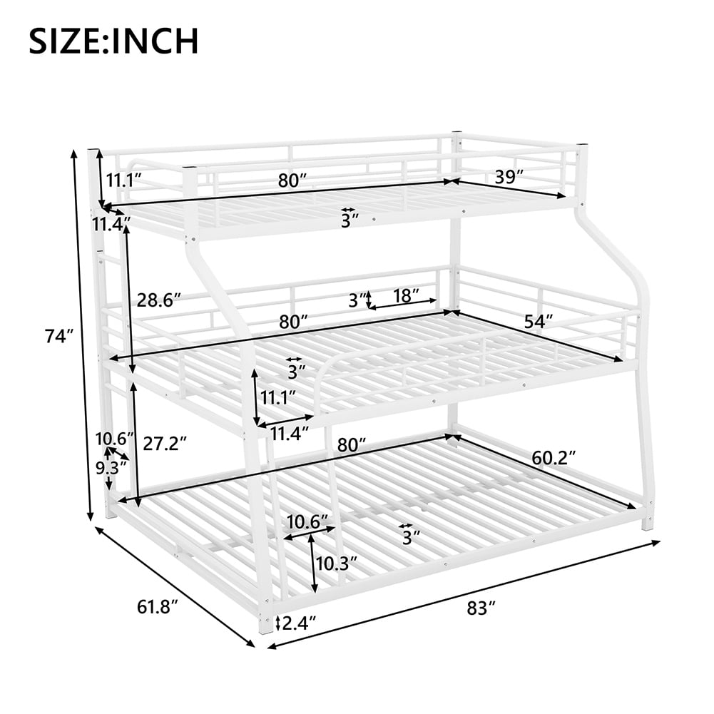 Kadyn Triple Bunk Bed, Metal Bunk Bed, Twin/Full/Queen, White