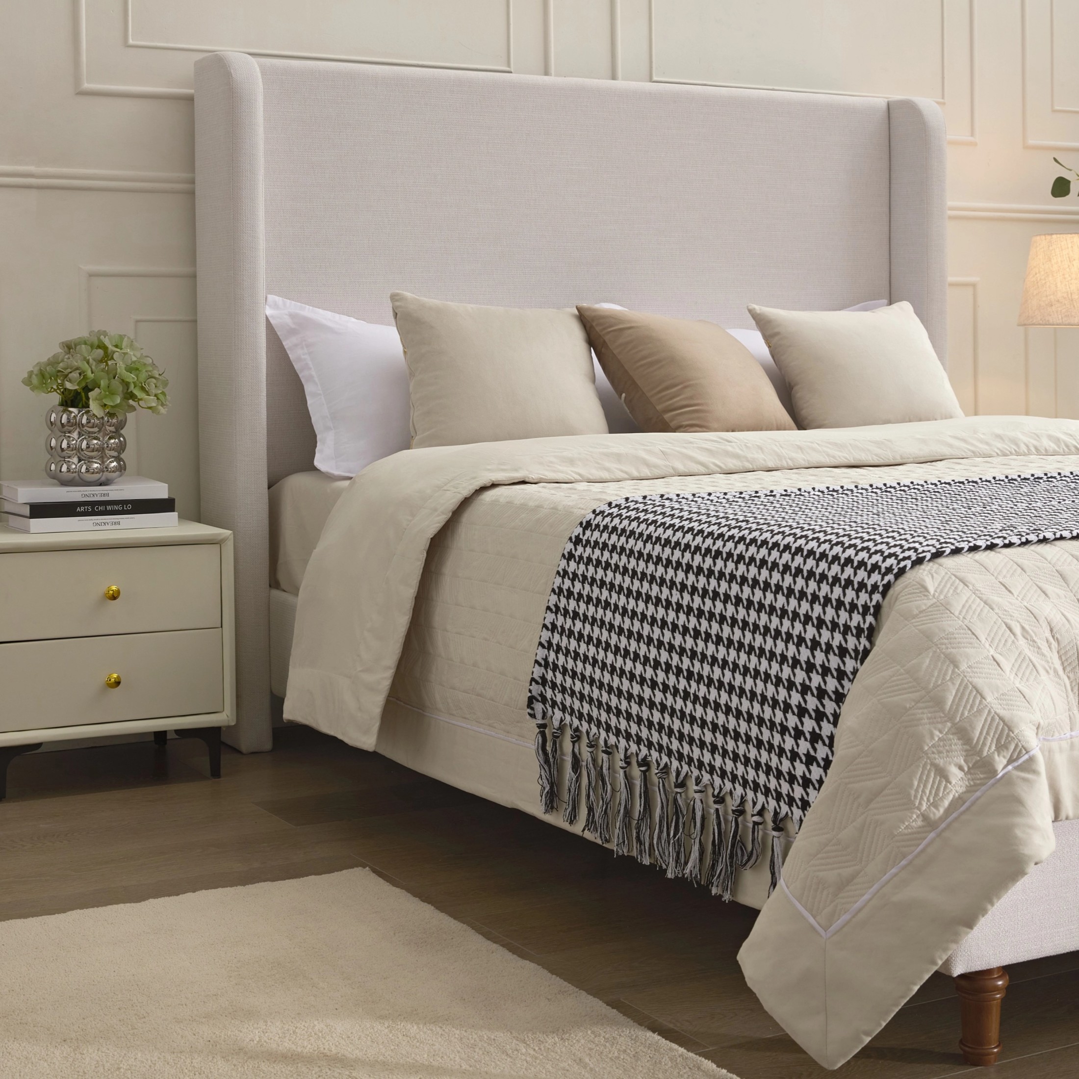 Noble House Hayden Queen Upholstered Bed Frame, 54" Tall Chenille Headboard with Curved Wingback, Ivory