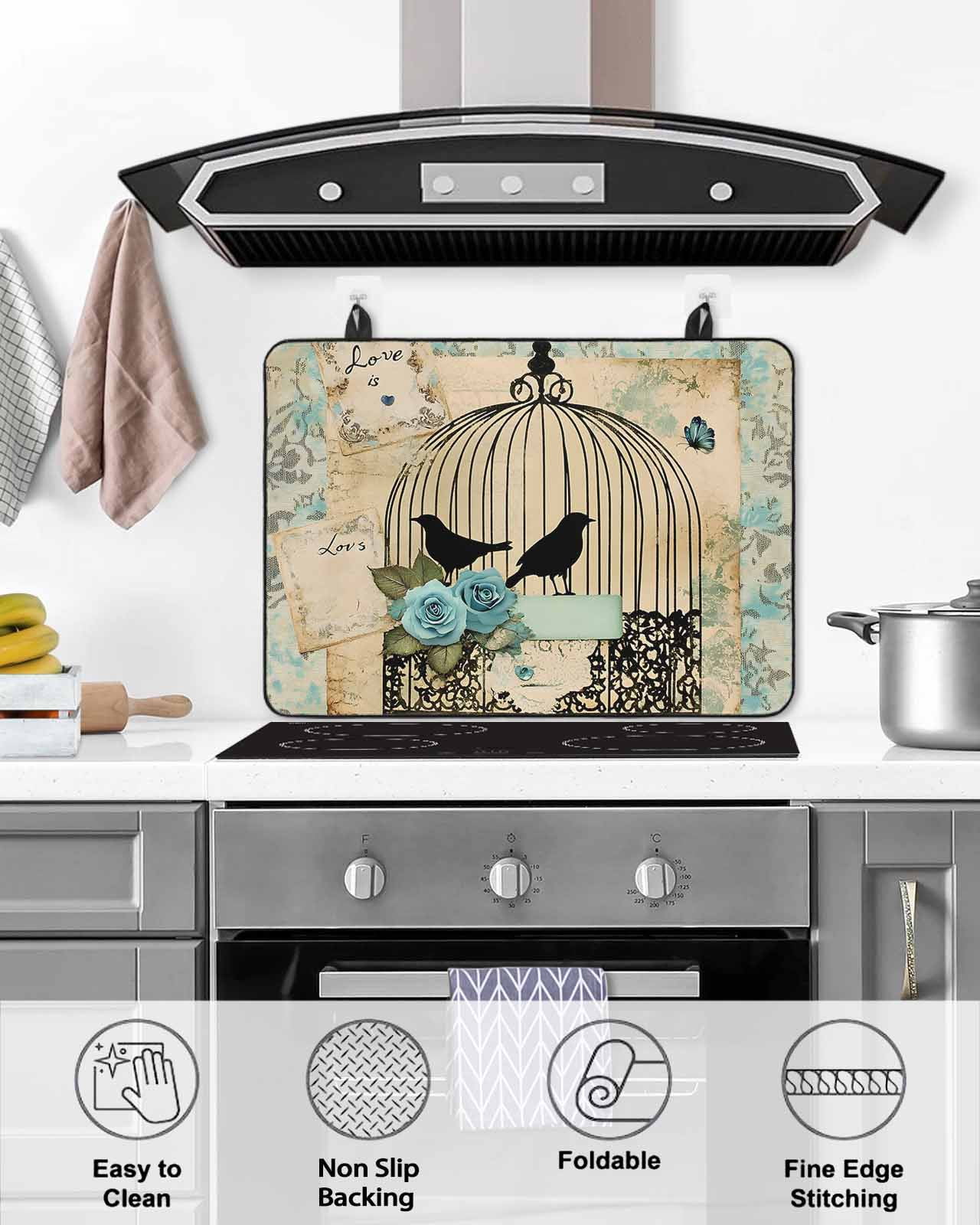 nqOlkjepod Large Induction Cooktop Protector Mat 24"x21", Vintage Bird Cage Stove Top Covers for Electric Stove, Retro Floral Pattern Decorative Stove Burner Cover Mats, Glass Top Stove Cover