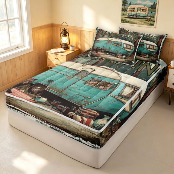 Erosebridal Rustic Teal Camper Zipper Twin Comforter Sets with Fitted Sheet and 2 Pillowcases, Happy Camping Zipper Bedding Set, Black Reversible