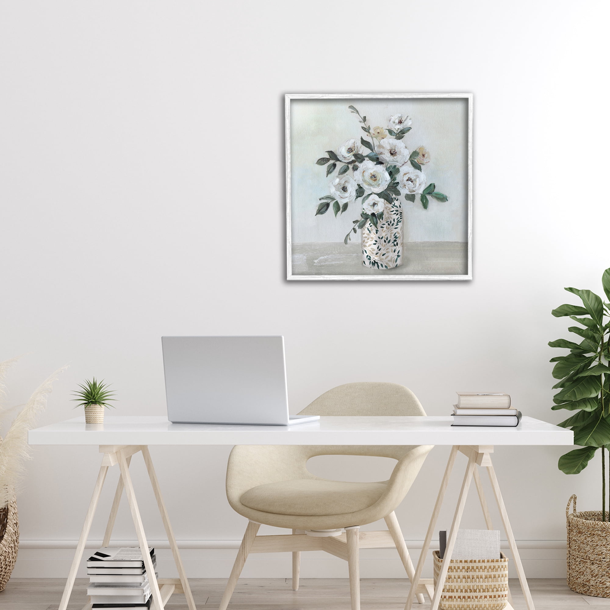 Stupell Industries Leaf Patterned Flower Vase White Framed Giclee Art, design by Sally Swatland