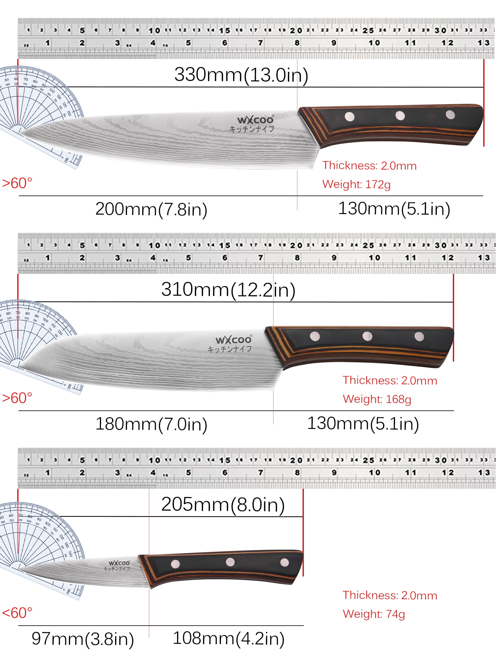 3-Piece Damascus Pattern Kitchen Knife Set, Wood Grain Handle Stainless Steel Chef Knives with Blade Guards, Sharp Multi-purpose Cooking Cutlery for Home Kitchen