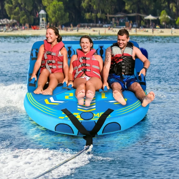 Maxkare 3 Person Inflatable Towable Tube for Boating, Waterskiing with EVA Foam Seat Pads-Blue