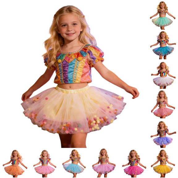 Bigetiay Girls Ballerina Tutu Skirt, Colorful Pom Poms for Halloween Party & Dance, Size 1-2 Years