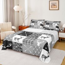 jejeloiu Geometric Chekc Grid Twin Sheet Sets,Jungle Wildlife Deer Twin Fitted Sheet,Lake House Flat Sheet For Teens,Breathable Home Decor,3pcs