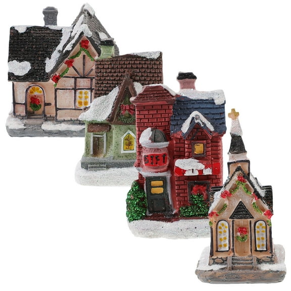 WASHWEPE 4Set Christmas Luminous Small House Assorted Color 10.00X6.50X6.50CM Resin