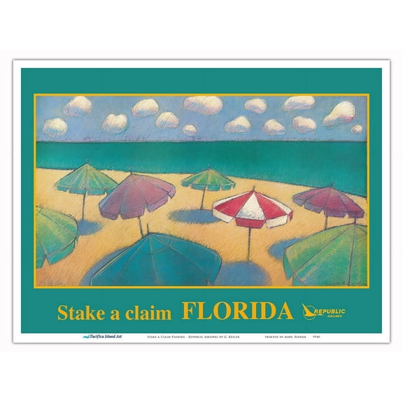Florida - Stake a Claim - Republic Airlines - Vintage Airline Travel Poster by G. Keller - Master Art Print (Unframed) 9in x 12in