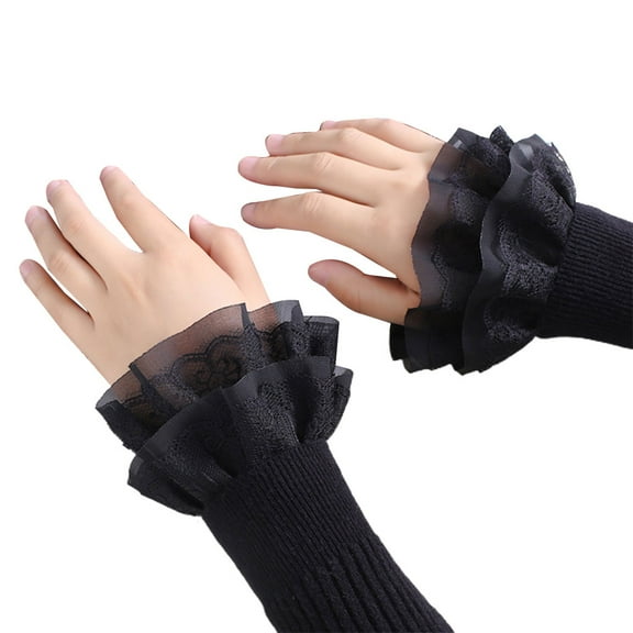 URTERYSER Women Sweet Fake Sleeves Double Layer Lace Flared Cuffs Wrist Warmers Black