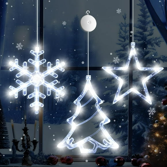 LAICAIW 3Pcs Décorations de Lumières de Fenêtre de Noël, Batterie Alimenté Fenêtre de Noël Suspendu Blanc Éclairé Flocon de Neige Arbre Étoile en Forme de Ventouse LED pour Xmas Tree Fireplace Window Indoor Outdoor Déco