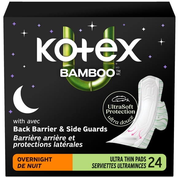 Kotex Bamboo Ultra Thin Overnight Pads with Wings, 24 Count