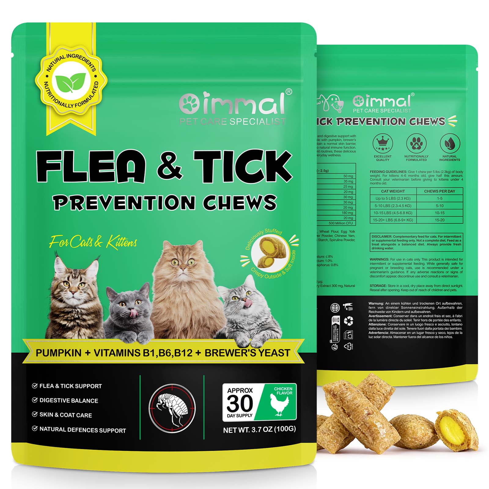 Oimmal Cat Treats 2PCS Tratamiento Contra Pulgas En Gatos for Gut & Immunity Skin & Coat Support Soft Chews 3.7 OZ Chicken Flavor